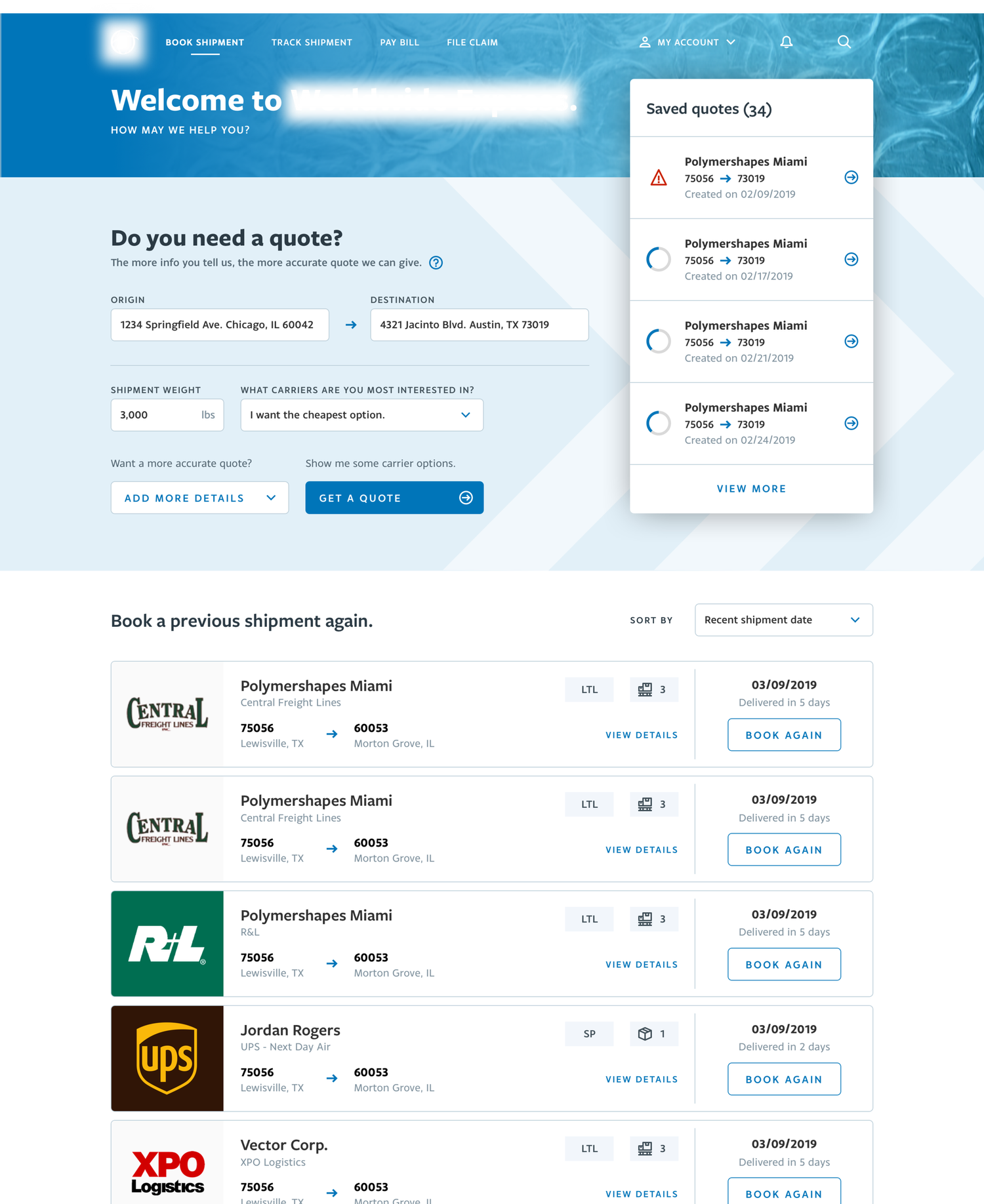 Worldwide Express shipping interface showing quote creation, saved quotes, and repeat shipment workflows