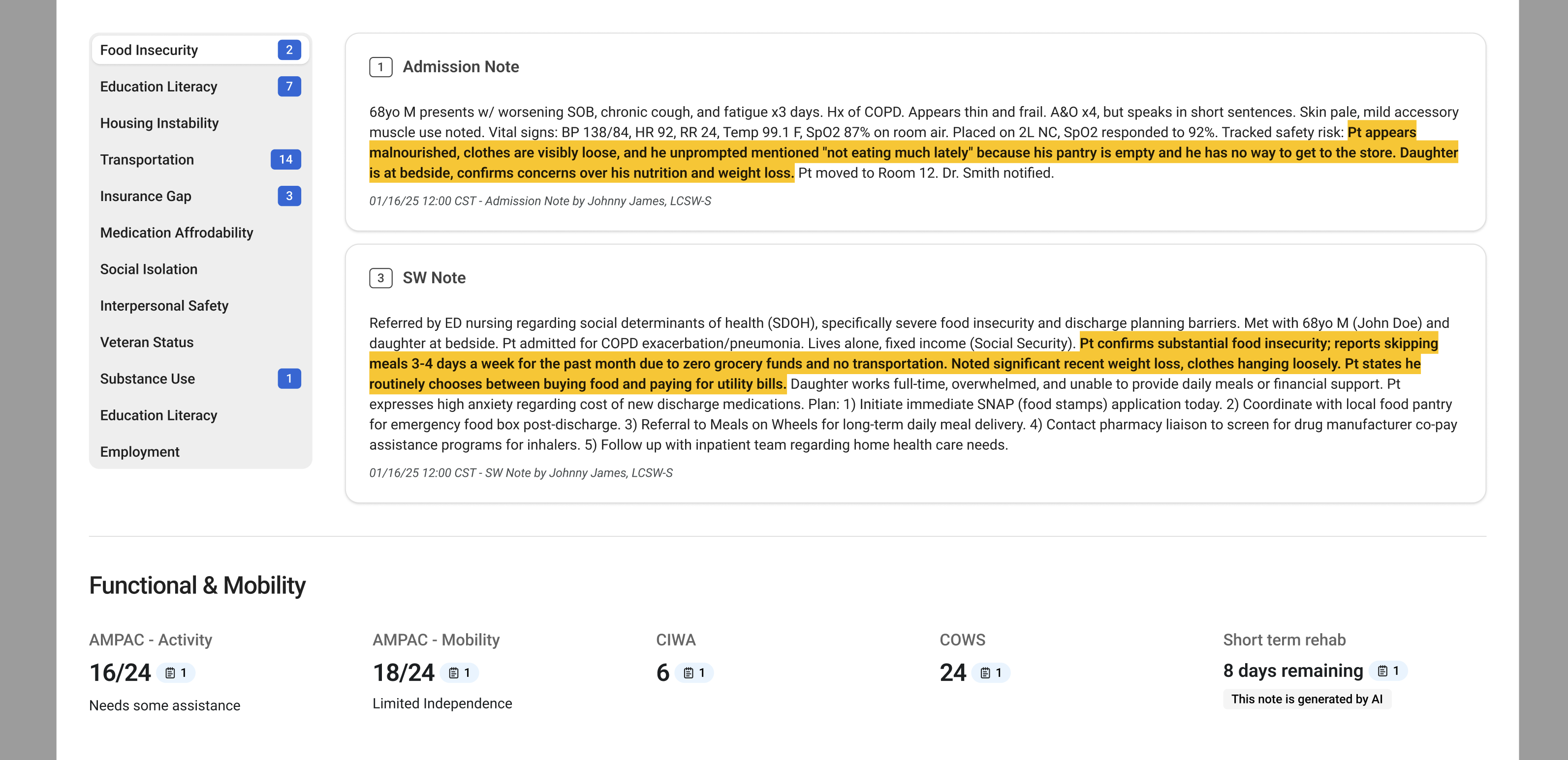 Design exploration showing social-determinant categories beside highlighted evidence in admission and social-work notes