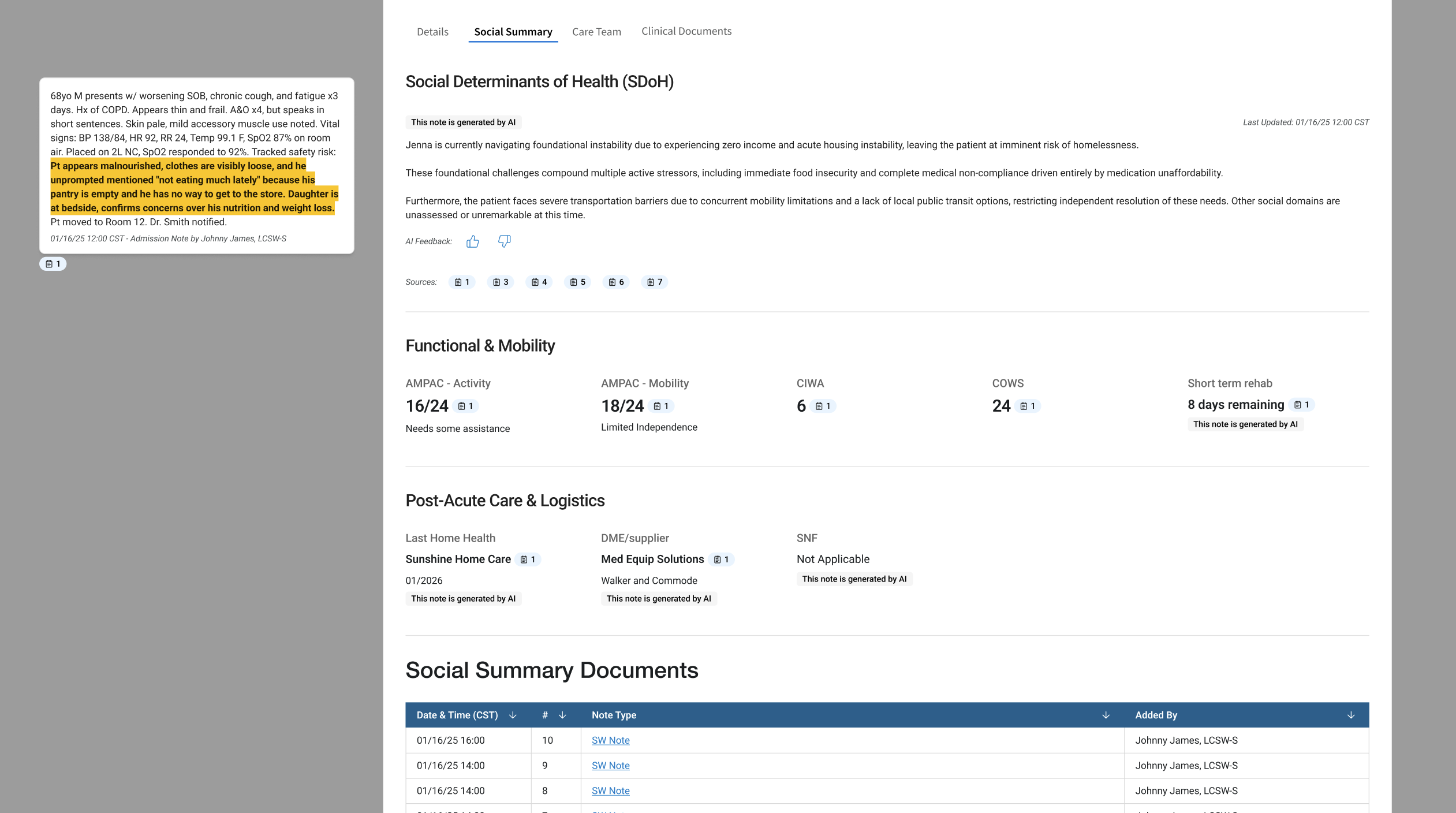 Social-summary concept showing AI-assisted insights, source references, functional status, post-acute logistics, and supporting documents