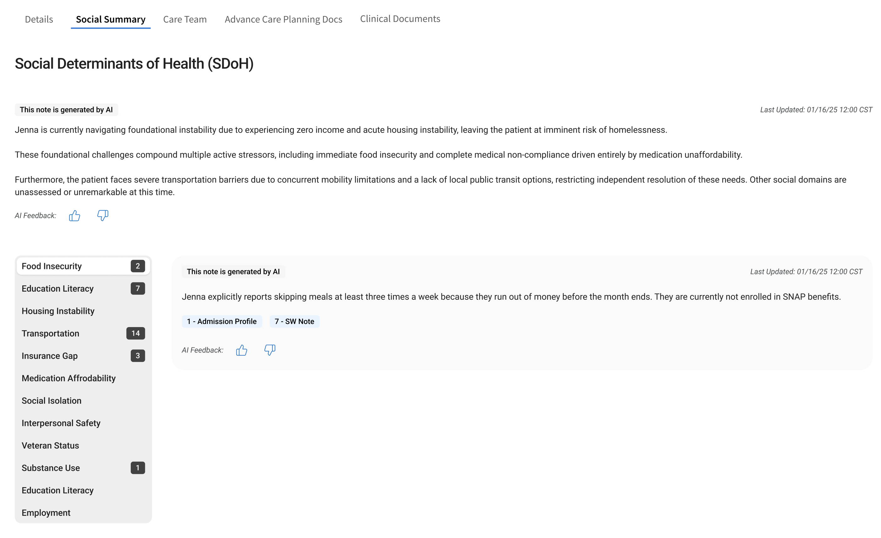 Refined social-summary design with AI labels, source-document citations, feedback controls, and a food-insecurity drilldown